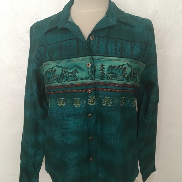 Panhandle Slim Tops - New Covered Wagons Cactus Green Shirt Sz S